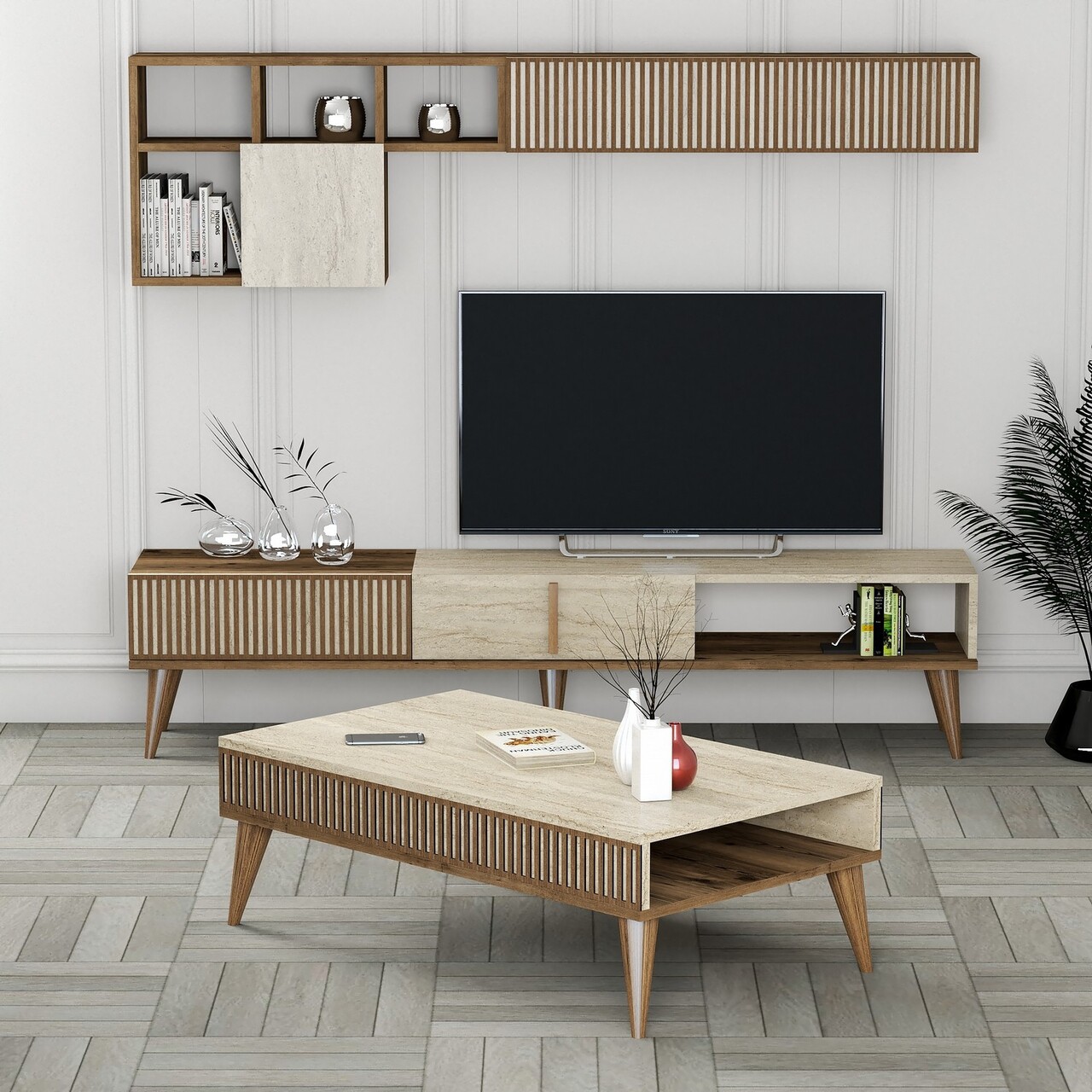 Set mobilier living, Hanah Home, Milan, Nuc / Travertin - imagine 6